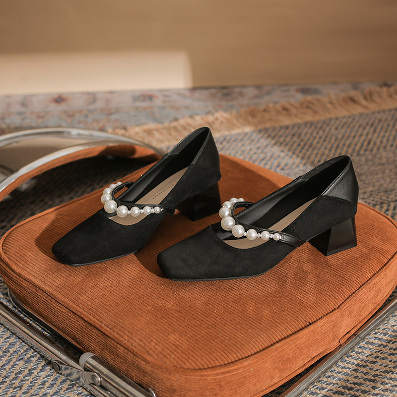 Damen Pumps Mit Perlenriemen Und Blockabsatz Mary Jane Stil_voghion.com