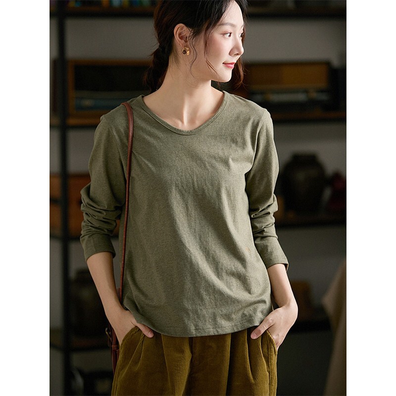 Gjcp 100 Cotton Soft and Comfortable Floral Yarn V Neck Slim T-Shirt Original Literary Embroider Cotton Long-Sleeved Top for Women