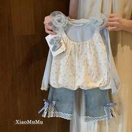 女童春装套装2025新款女宝宝韩版设计感花朵吊带上衣蝴蝶结牛仔裤