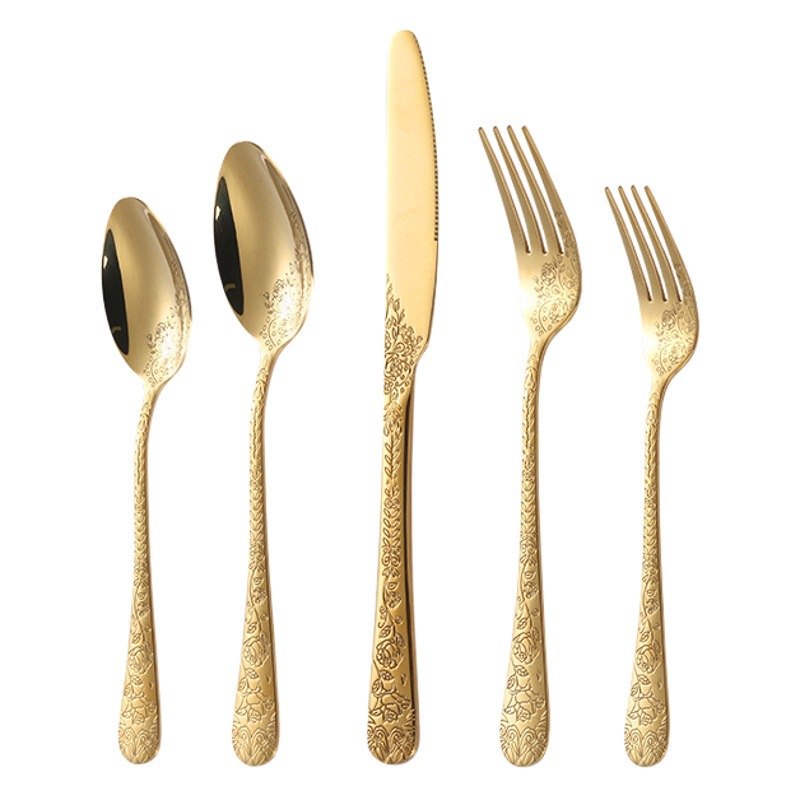 Venta al por mayor de acero inoxidable cuchillo, tenedor y cuchara impresión creativa 1010 vajilla cuchillo y tenedor traje de oro occidental vajilla cuchillo y tenedor