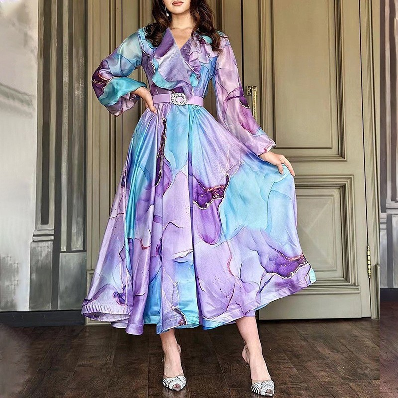 2025 primavera y verano nuevo estilo de comercio exterior europeo y americano estampado vestido de malla de gran swing viaje vestido de mujer de talla grande europeo y americano image 11