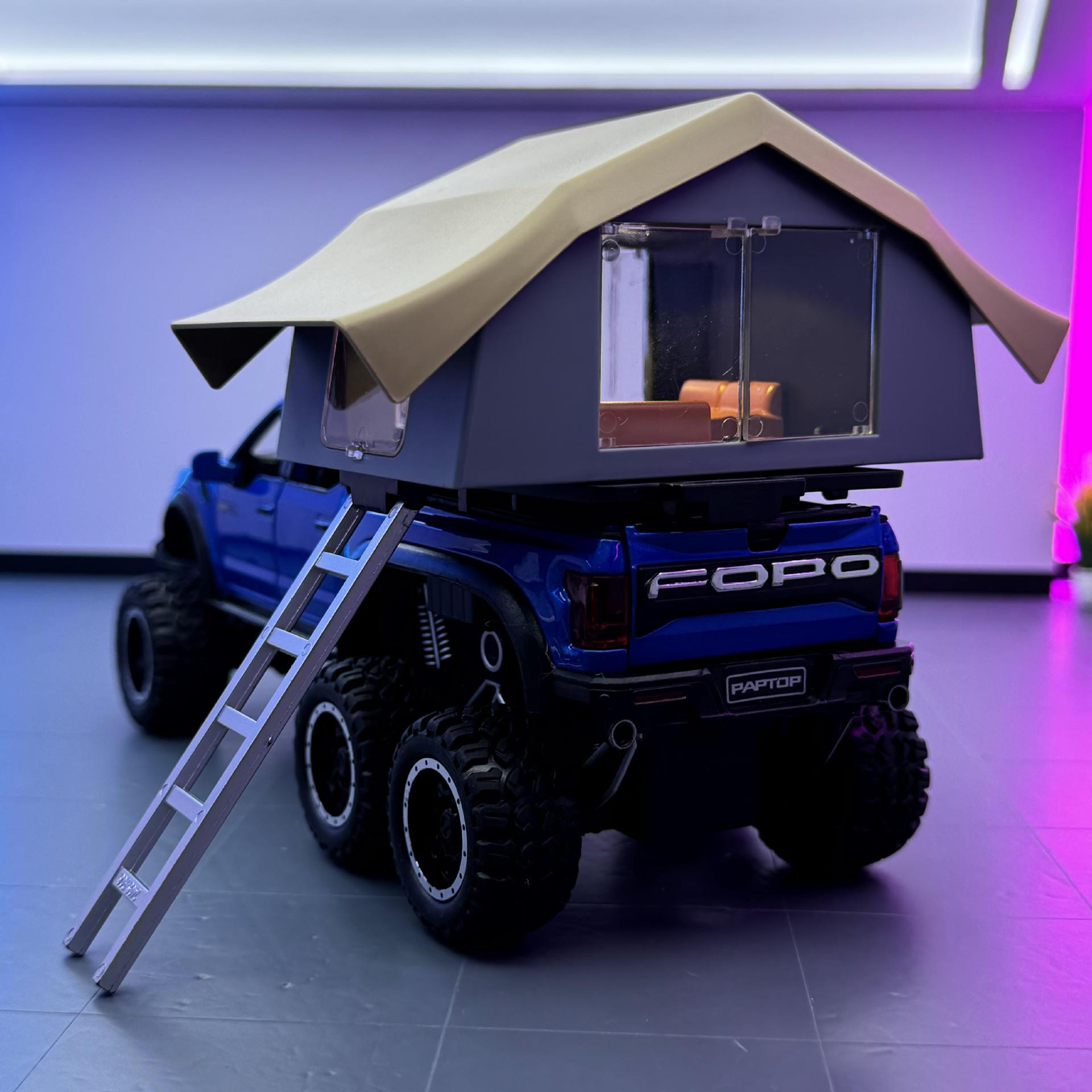 Modelo de coche de aleación 1:24 Raptor Pickup Camping RV con sonido y luz de retorno Coche de juguete Decoración de modelo de sonido