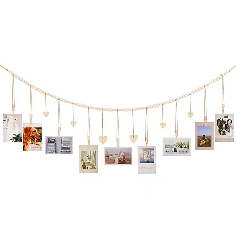 Wooden Bead Hanging Photo Display Hemp Rope Log Bead Wall Decoration Tassel Clip Photo Storage Hanging Photo Wall Hanging