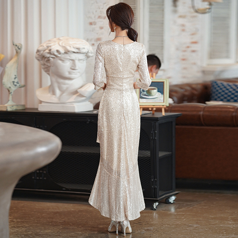 Vestido de noche de lentejuelas de champán para mujer, lujo ligero de alta gama, madre de nicho, anfitrión de banquete de bodas, falda de cola de pez, pequeño