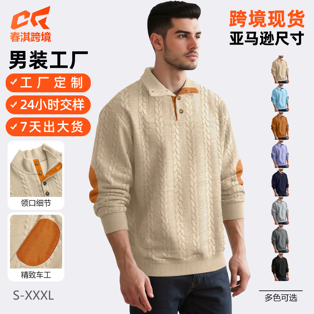 Camiseta POLO jacquard para hombre, estilo europeo y americano, con cuello Henley, manga larga, bordado con parches, suéter informal para hombre.