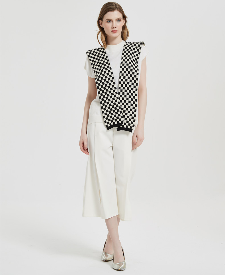 Knitted Shawl Women's Checkerboard Cape With Knotted Collar Core Yarn_voghion.com