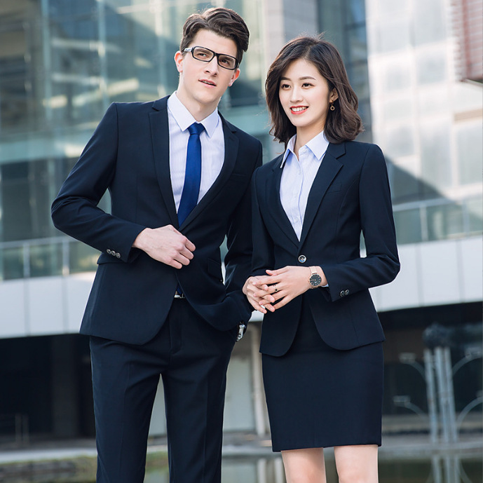 秋冬商务新款藏青色男西装套装房地产银行酒店正装工作服男女同款