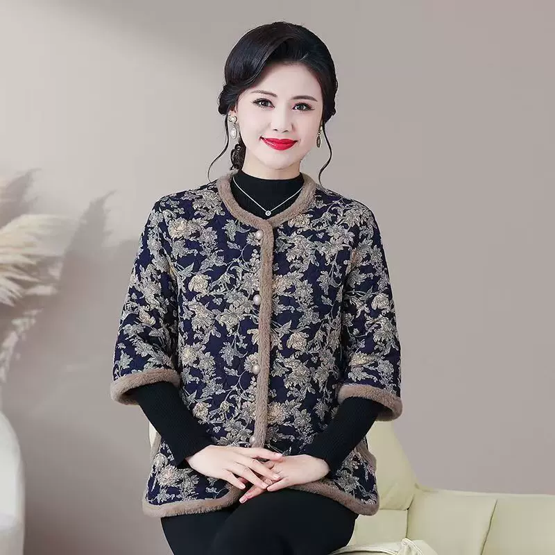 妈妈碎花棉衣2025春秋冬女装保暖加厚翻领小棉袄外套中老年人棉服