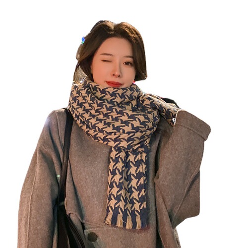 Retro Houndstooth Scarf Women's Winter  New Korean Version Versatile Imitation Cashmere Warm Student Couple Scarf Thick