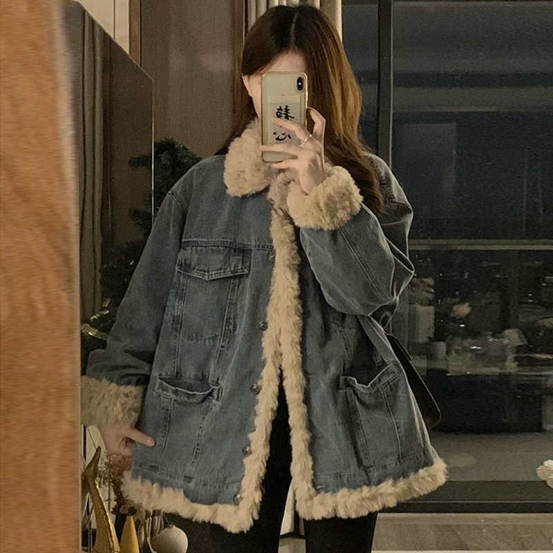 Fleece denim down jacket, oversize, for teenagers, increased thickness