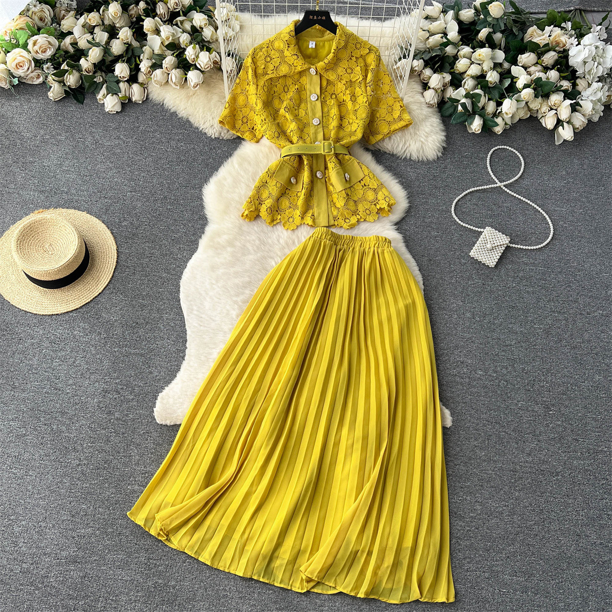 Damen Zweiteiliges Set Aus Kurzarmbluse Und Plisseerock Für Den Sommer_voghion.com