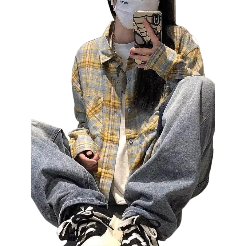 한국 옷깃 POLO 칼라 커플 디자인 감각 셔츠 소녀 체크 무늬 셔츠 긴 소매 코트 도매 국경