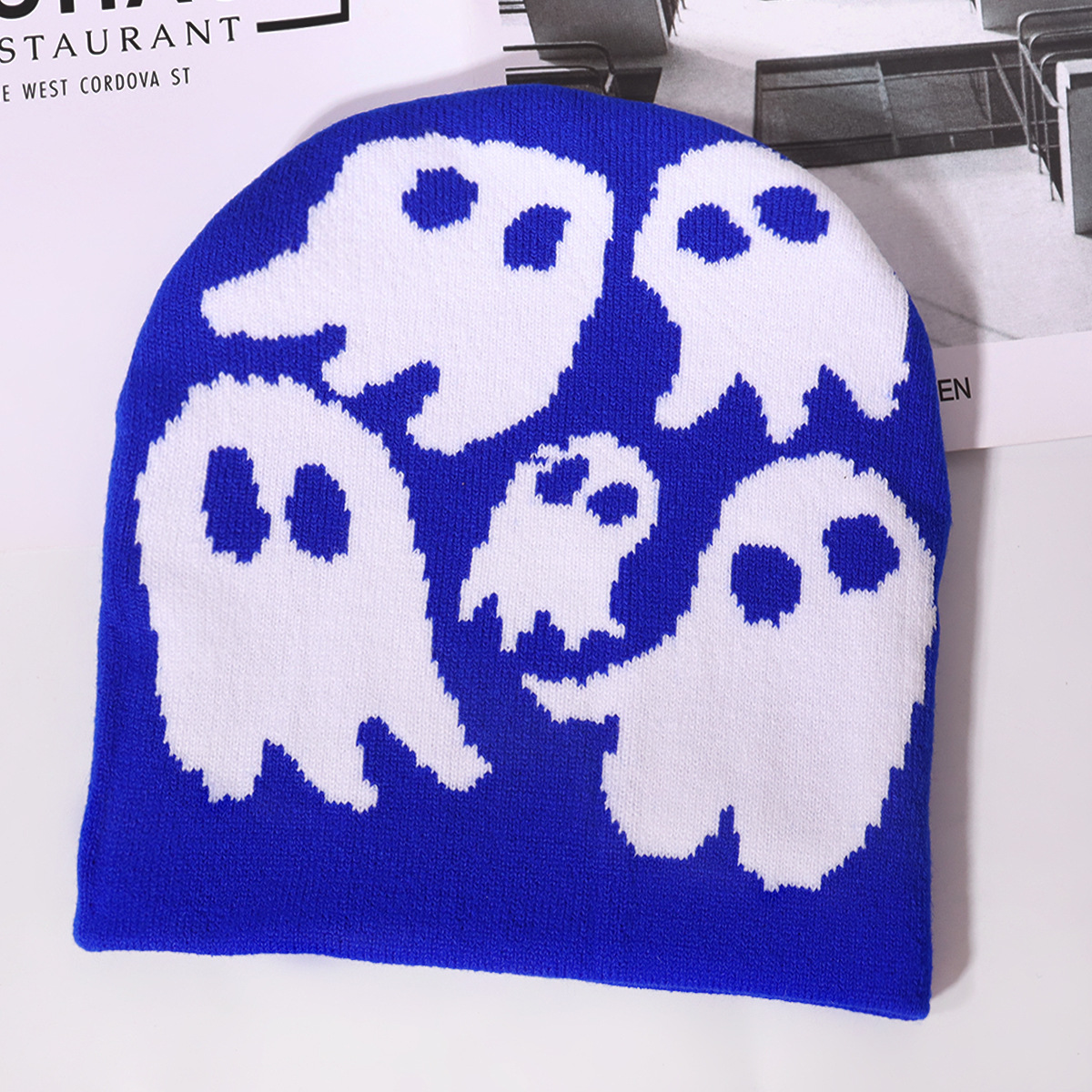 Chapeau tricoté jacquard tendance pour fête d'Halloween, chapeau en laine chaud pour protection des oreilles de la rue_voghion.com