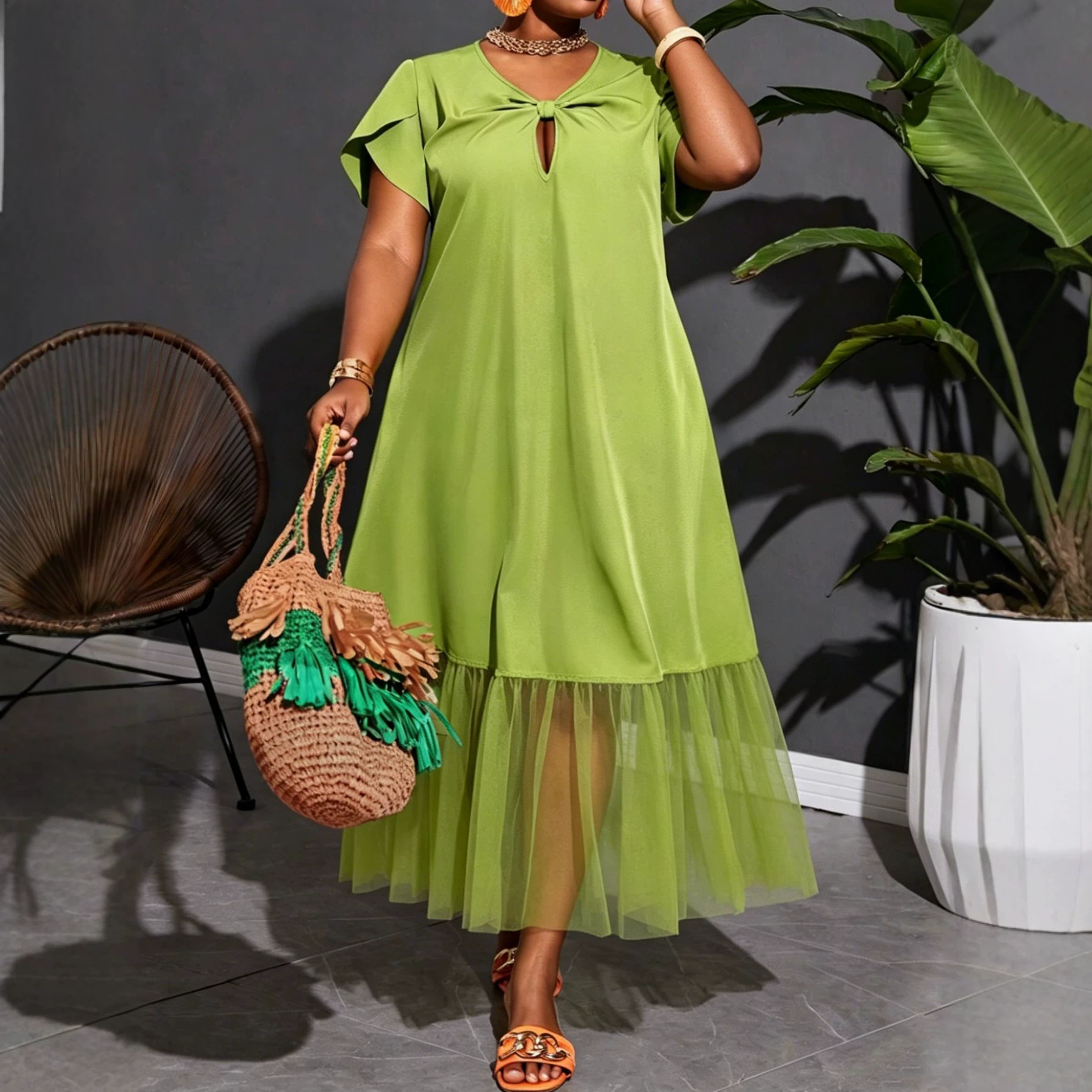 Cross-Border Foreign Trade European and American Plus-Size 2026 Summer New Style Elegant Solid Color Design Mesh Splicing Mid-Length Dress