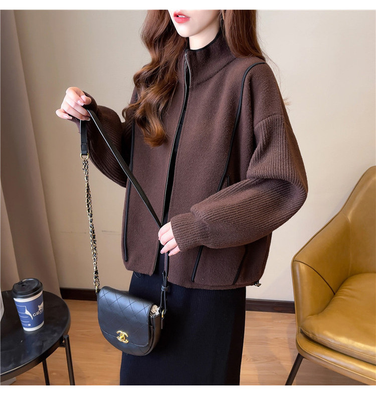 Faux double-sided woolen knitted jacket for women, 2023 autumn new style zipper baseball jacket, short, loose, thick and large cardigan pic 32