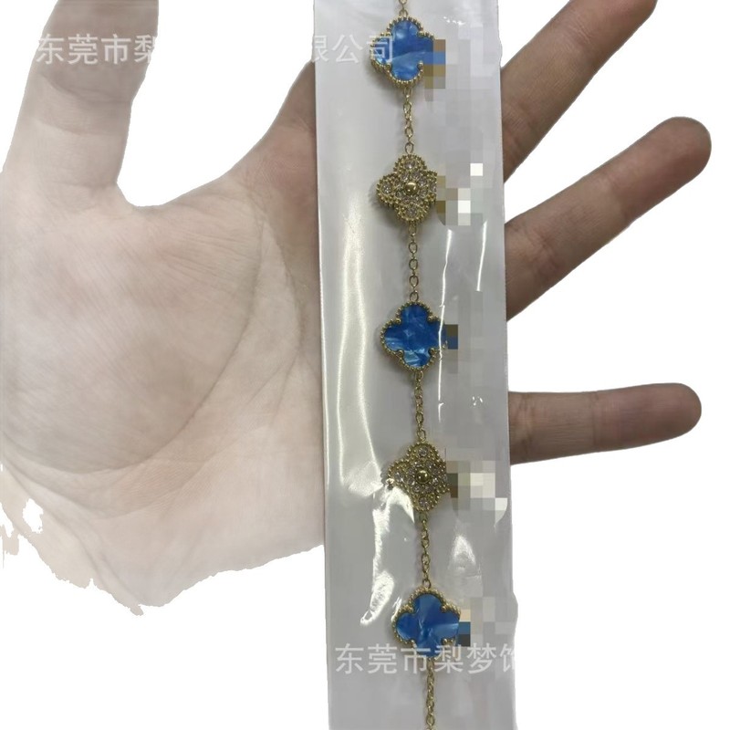 爆款不褪色钛钢双面15mm四叶草镶钻手链18K 手饰女欧美风五花手链|undefined