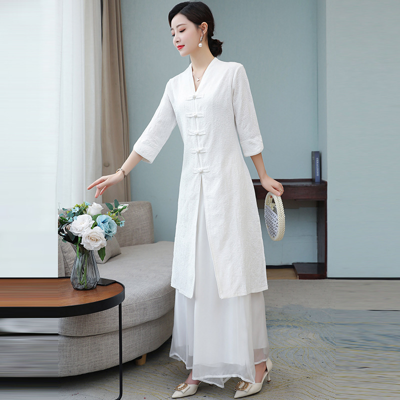 女性用禅服、春夏改良チャイナドレス、中国風文学レトロ綿麻ボタン付きヤングティードレススーツ|undefined