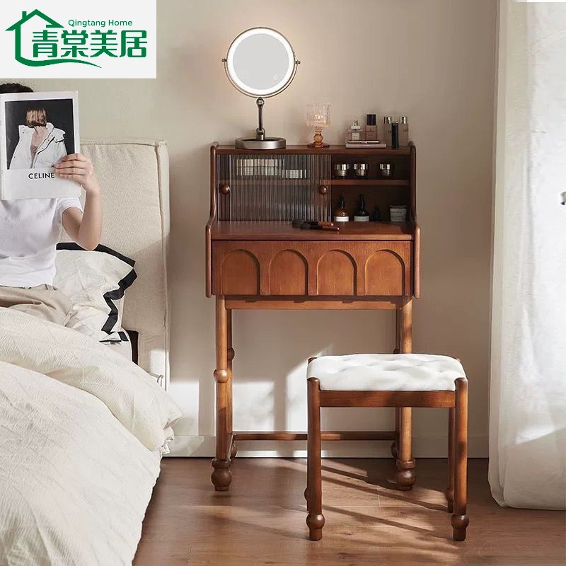 Medieval Style Solid Wood Dressing Table Ash Wood French Small Bedroom Mini Small Dressing Table Integrated Dressing Table