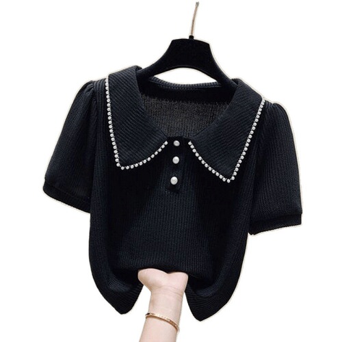 Women's Loose Bubble Sleeve Top for 2025 Summer, Fat Mm Slimming, Muscle Covering, Elegant, Square Shoulder, Short Sleeve T-Shirt