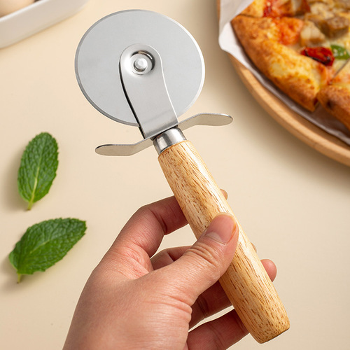 Stainless steel pizza wheel knife with wooden handle, pizza knife, pizza knife, hob, single roller pizza baking cutting knife