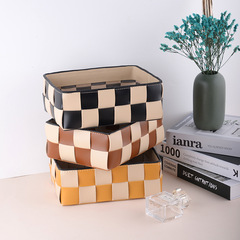 北歐ins風編織皮革紋收納盒手工編織 儲物方形雜物桌面整理收納筐