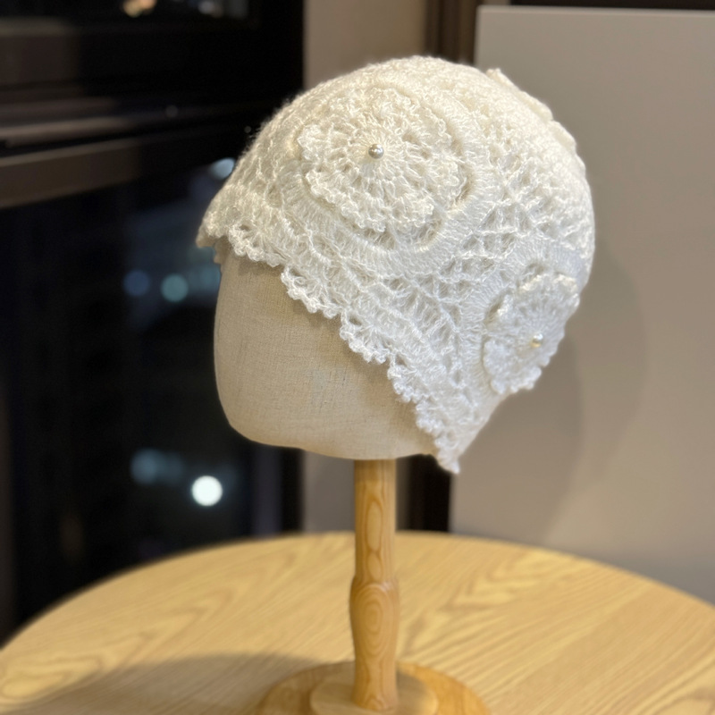 新款秋冬加厚手工双层钩花针织帽女保暖毛线帽气质民族风包头帽子|undefined
