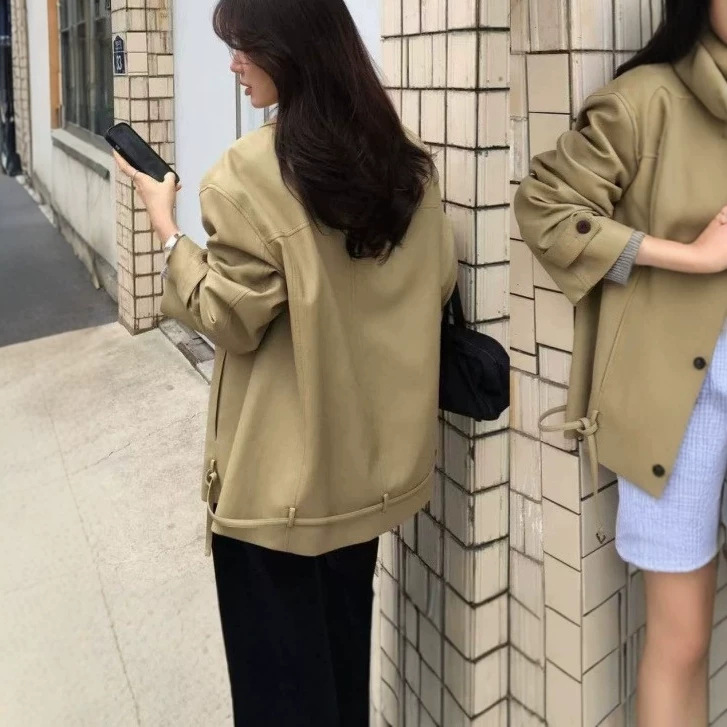 韩系气质百搭通勤翻领单排扣小众设计感系带PU皮衣外套