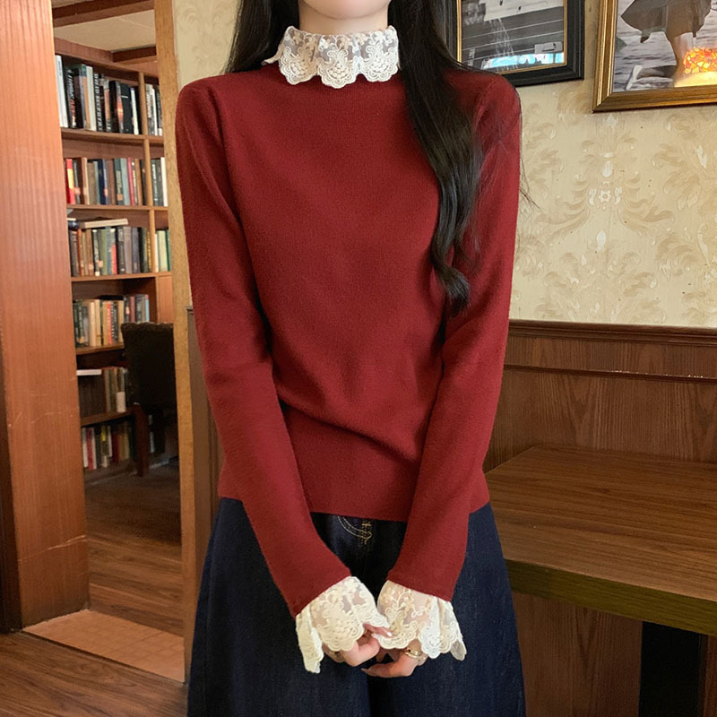 Tmall TikTok Quality Lace Stitching Fake Two-piece Base Shirt Autumn and Winter Half-turtleneck Gentle Slim-fit Sweater Top