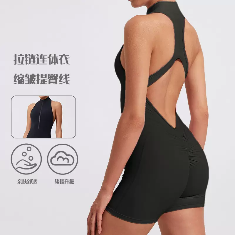 欧美瑜伽服连体衣露背提臀性感美背舞蹈健身裸感一体式短裤短袖女