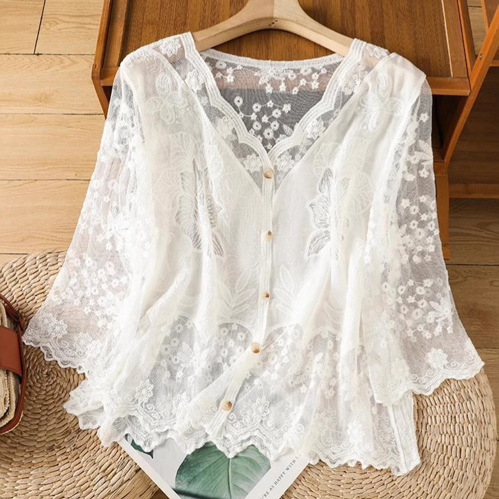 plus size V-Neck Shirt Women's 2025 Summer New Arrival Crochet Embroidered Lace Cardigan Top All-Match 62