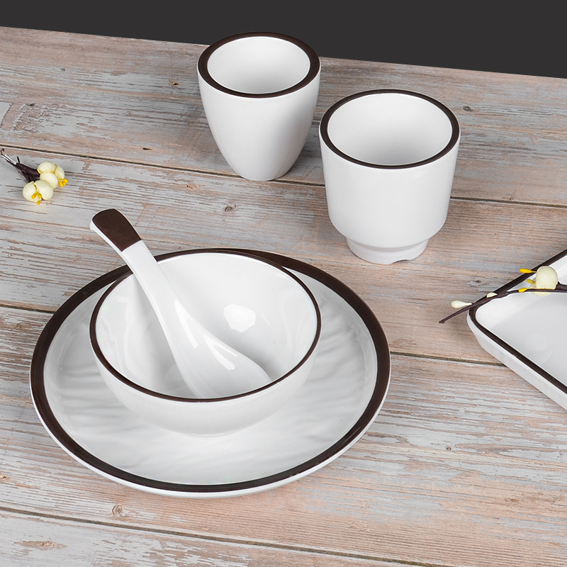 Mid-range and high-end restaurant imitation porcelain tableware set, consisting of bowls, plates, spoons, and cups, suitable for hot pot restaurants, hotels, and commercial use