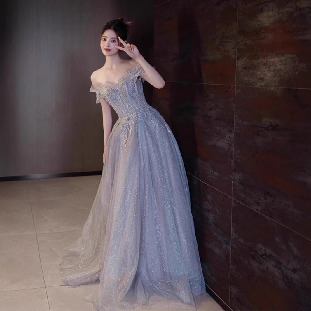 Đầm dạ hội maxi nữ thắt eo ánh sáng xanh sang trọng — Màu xanh lam