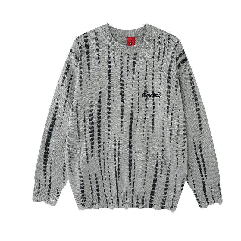 Magic Bear American Retro Street Style Casual Unique Tie-Dye Distressed Thickened Crew Neck Knit Sweater Top