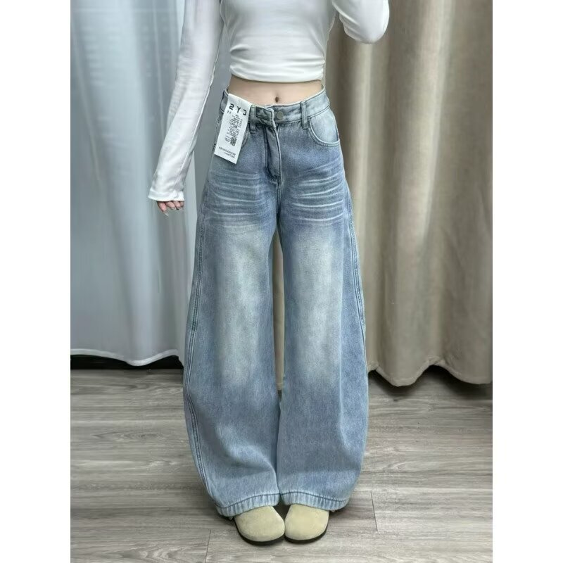 2026 New Light Blue Wide-Leg Curved Jeans for Women, American Style High-Waisted with a Draping Design, Loose Straight Pants