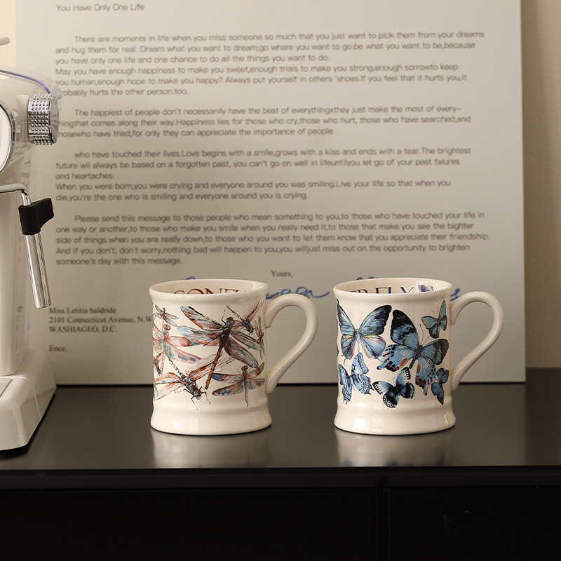 Taza de mariposa francesa Taza retro de gran capacidad Taza de agua de oficina Taza de desayuno Taza de leche Taza de cerámica Taza de agua INS