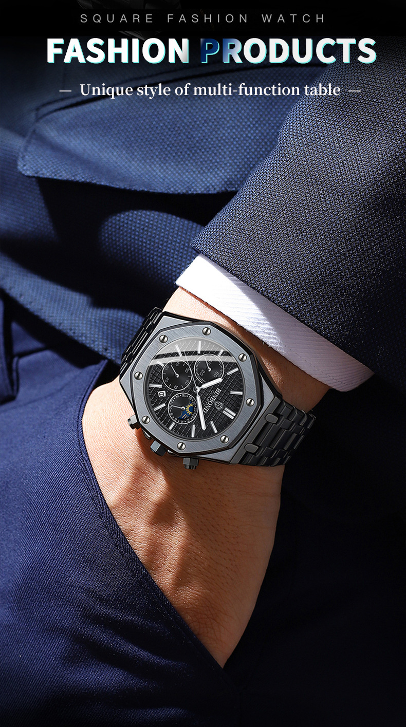 New Watch Hot Selling Model: Binbang High-end Three Eye Six Needle Multifunctional Lunar Phase Steel Band Multifunctional Men's Watch Watch_voghion.com