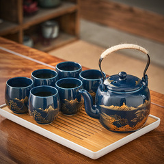 Black glaze large-capacity tea set set simple Japanese-style ceramic handle pot tea cup complete set home office gift delivery