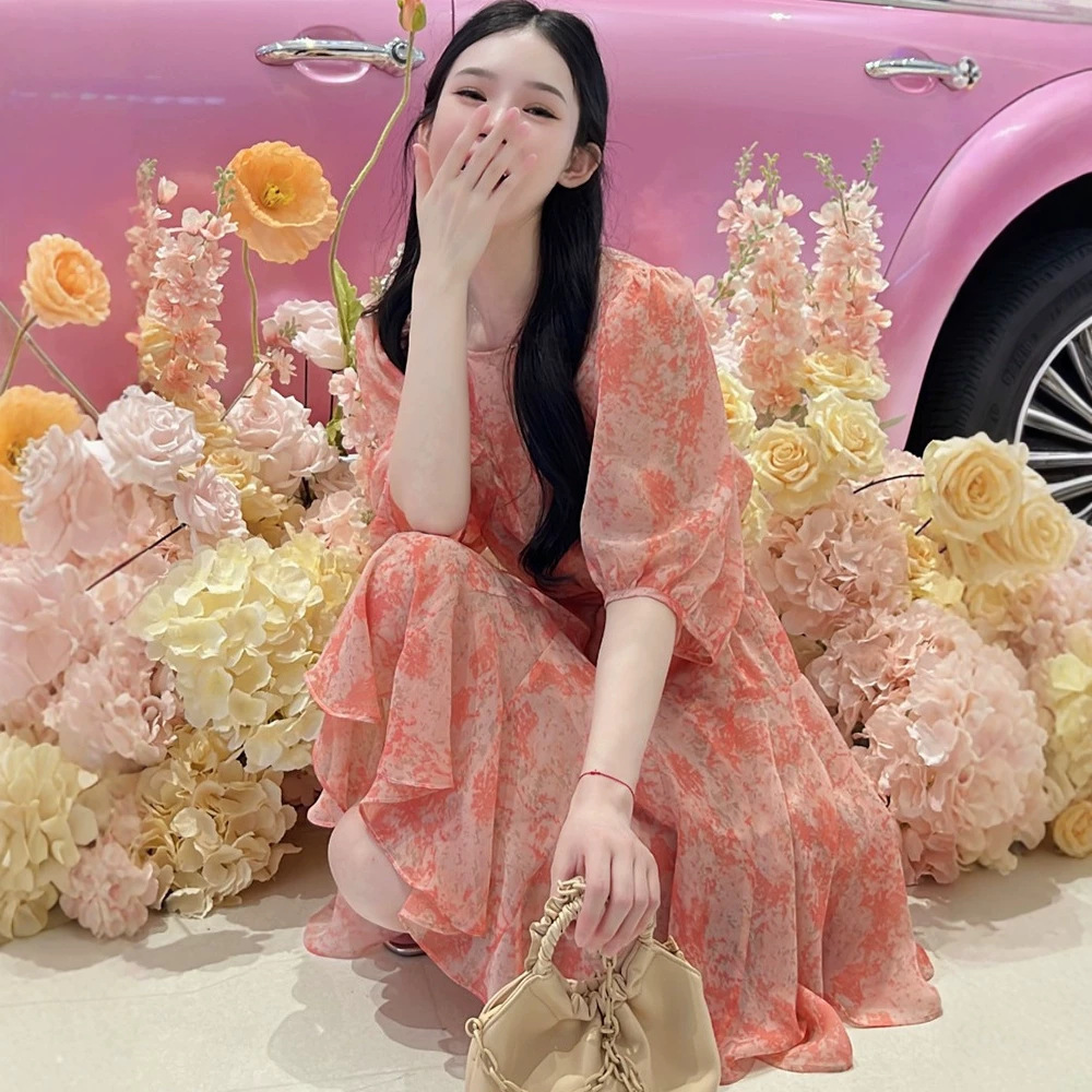 Váy hoa maxi nữ chất liệu chiffon tay ngắn thắt eo — Màu hồng