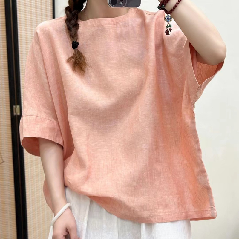 Pure Linen Blouse 2026 Summer New Style Plain Round Neck Casual Versatile Pullover Short-Sleeve Top Women's T-Shirt