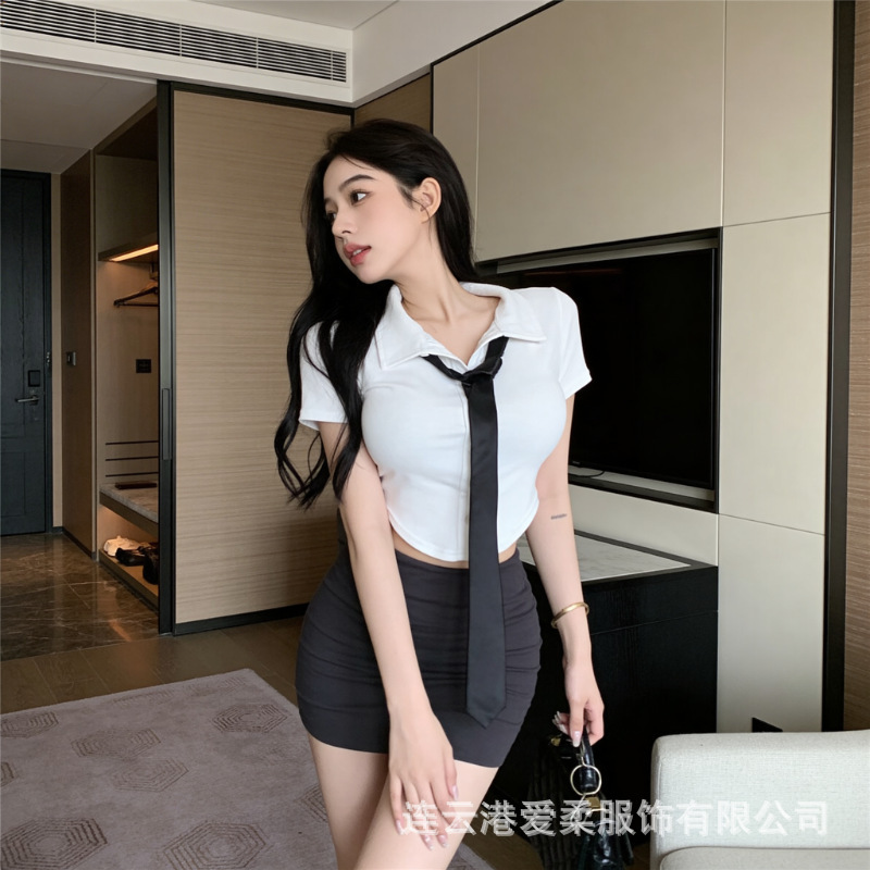 Ai Rou Tie-Style Spicy Girl Slim-Fit Short-Sleeve T-Shirt Women's Polo Collar Jacket + Short Pure Desire Bodycon Skirt Set