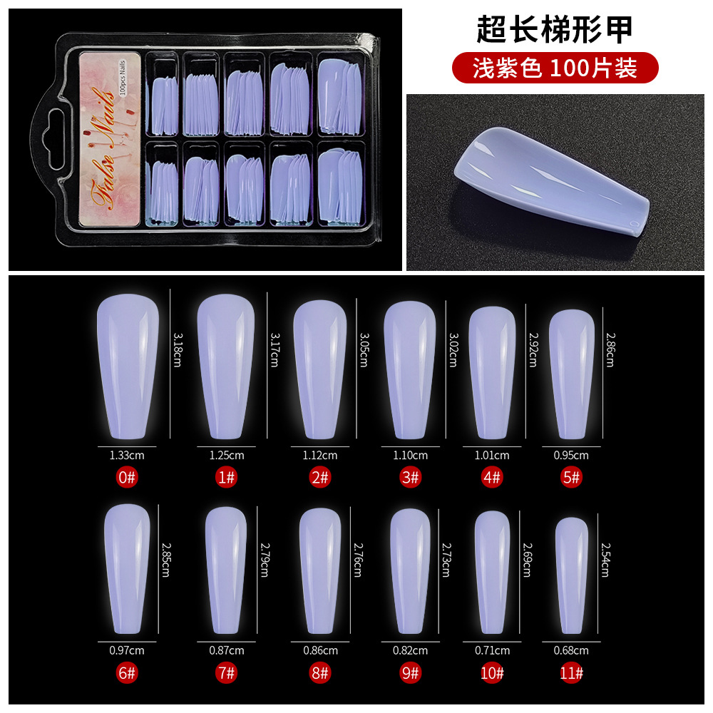 Uñas de ballet extra largas de color caramelo, 100 piezas en una pequeña caja azul con blíster, caja transparente, puntas de uñas trapezoidales con forma de ataúd.