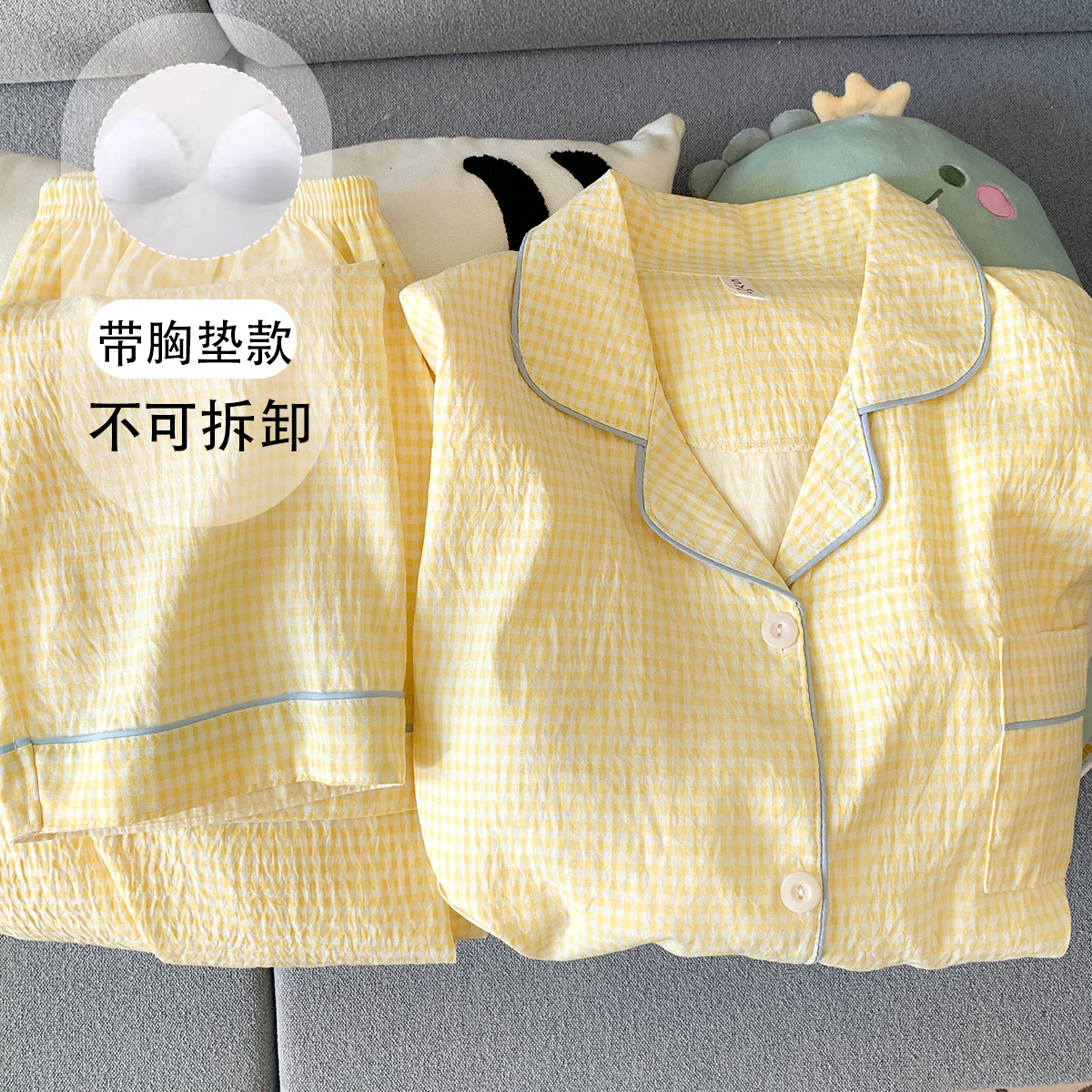 Simple Style Yellow Plaid with Breast Pads Large Size Pajamas for Women Spring and Autumn Long-Sleeved Home Clothes Set Manufacturer Ready Stock Wholesale
