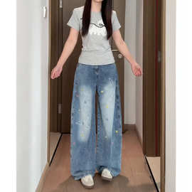 慵懒风通勤ins星星刺绣高街阔腿牛仔裤女春秋新款时尚拖地牛仔裤