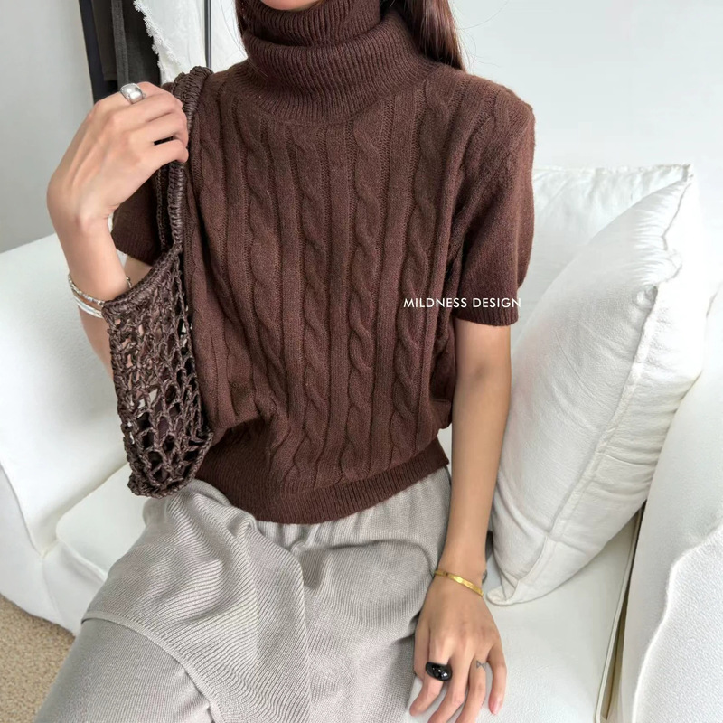 MILDNESS26 Autumn New High Collar Cable Knit Short Sleeve Sweater for Women, Korean Dongdaemun Style Elegant New Top