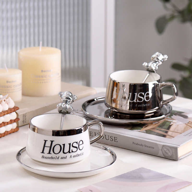 Violent Bear Silver-Plated Water Cup and Saucer Creative Mug Ceramic Cup Office Coffee Cup and Saucer Advanced Creative Trend