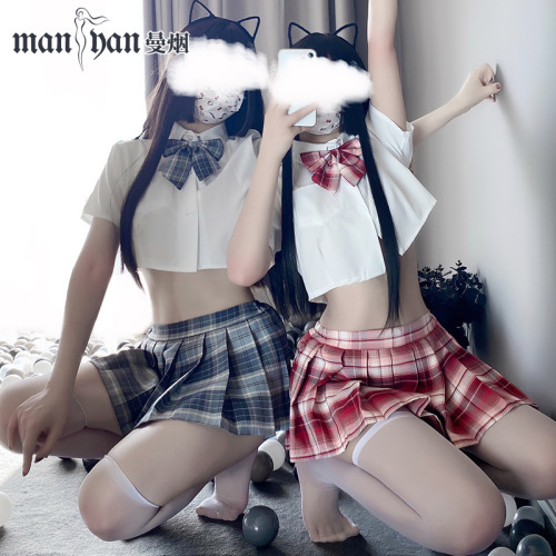Manyan sexy lingerie sexy split student outfit JK uniform top plaid pleated skirt suit 9940