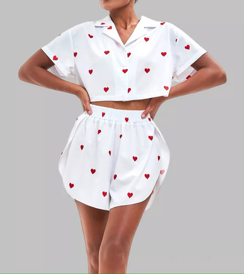210g Weight Short Sleeve Sleeve Length Pajamas Lingerie Type Polyester, Satin Fabric Type Short Top Length Shorts Sets Sets Type 2 Pieces Set Quantity Home, Daily Occasion Turndown Neckline Breathable Function Regular Fit Fit Type Heart Shape Pattern Winter, Summer, Spring Season Women's Gender Sweet Style Home Daily Women's Sweet Heart Shape Polyester Satin Shorts Sets Pajama Sets 18