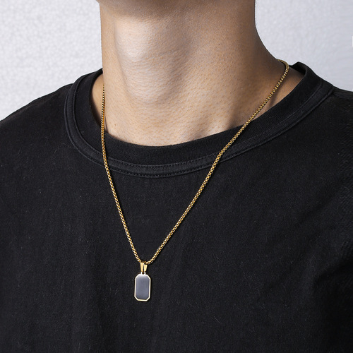 Cross-border hot-selling hip-hop stainless steel Epoxy black square pendant men's sweatshirt stacking necklace long sweater chain