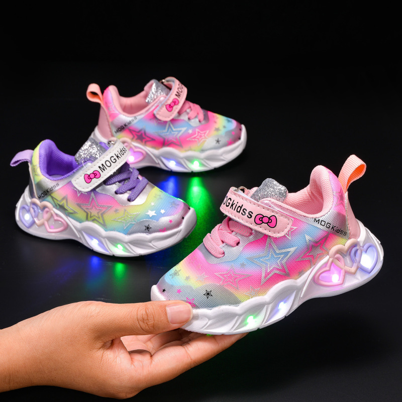 Wholesale Rainbow Five-Pointed Star Girls' Shoes with Lights, New Spring and Autumn Models, Mesh Breathable Cartoon Sneakers, Trendy Running Shoes