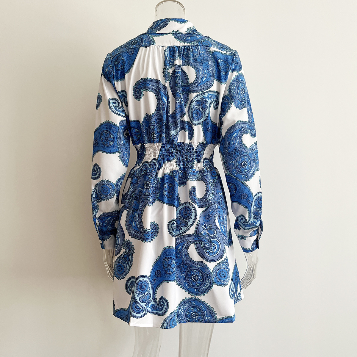 Paisley Pattern Blouse Collar Dress Women Smocking Waist Long Sleeve Spring Autumn Women Clothing